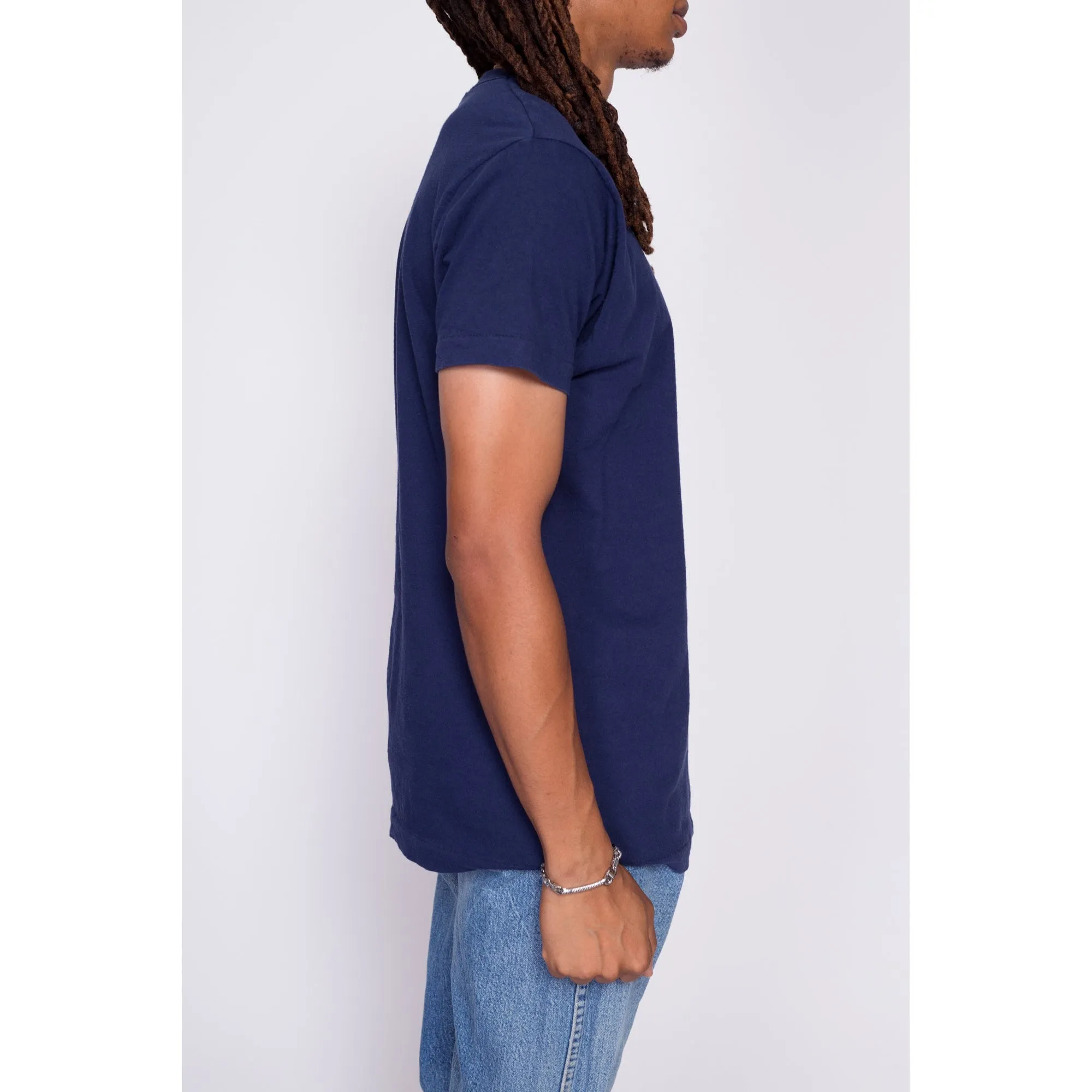 80s Plain Navy Blue Pocket Tee - Men's Medium