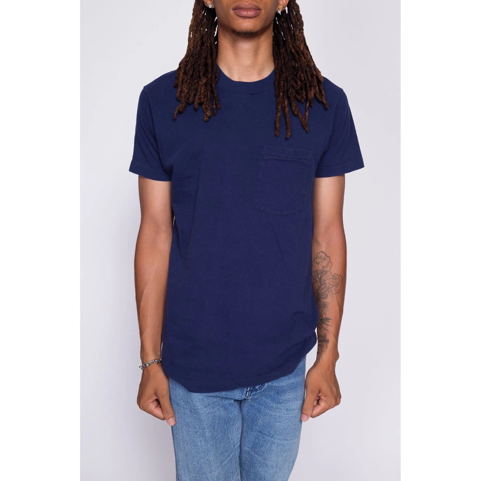 80s Plain Navy Blue Pocket Tee - Men's Medium