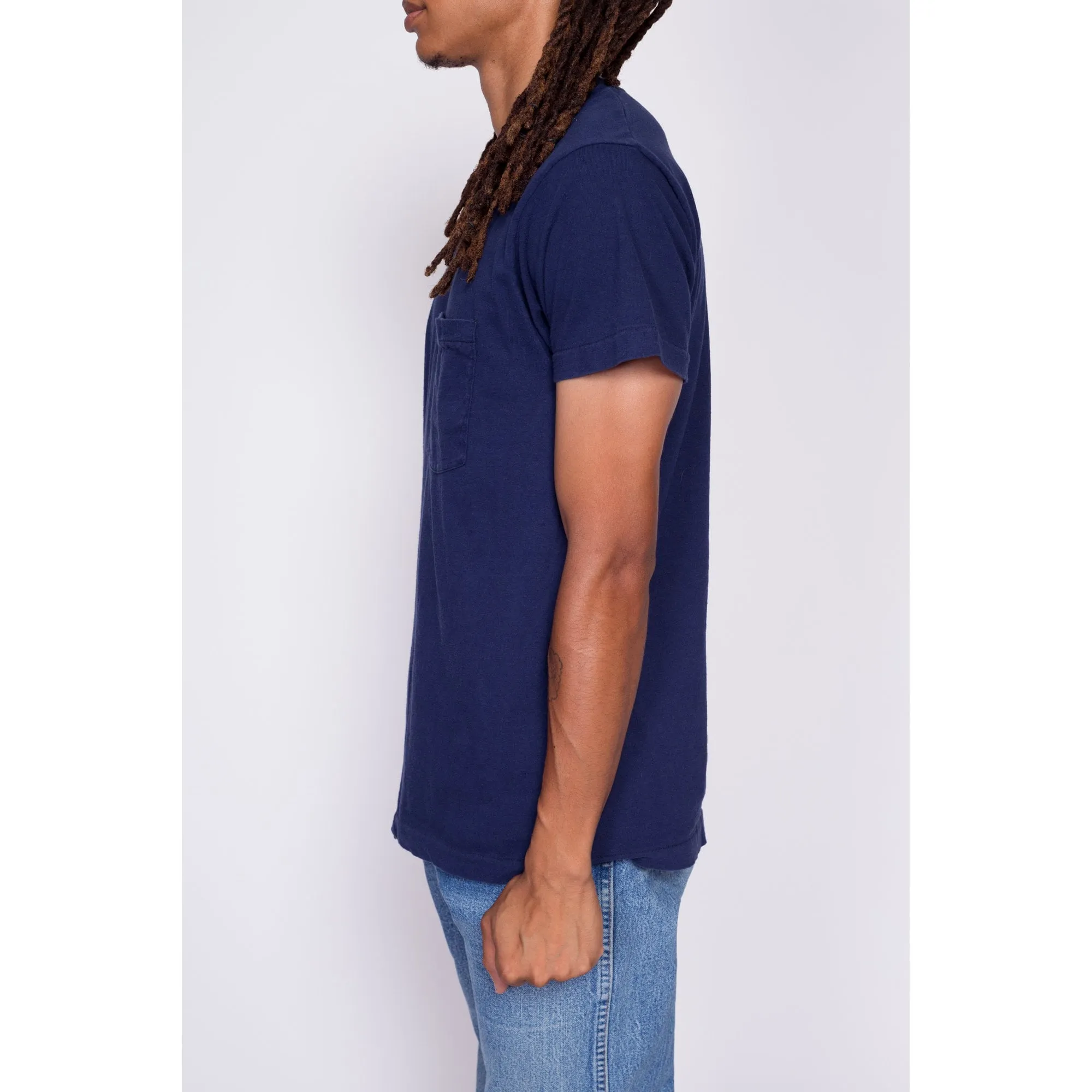 80s Plain Navy Blue Pocket Tee - Men's Medium
