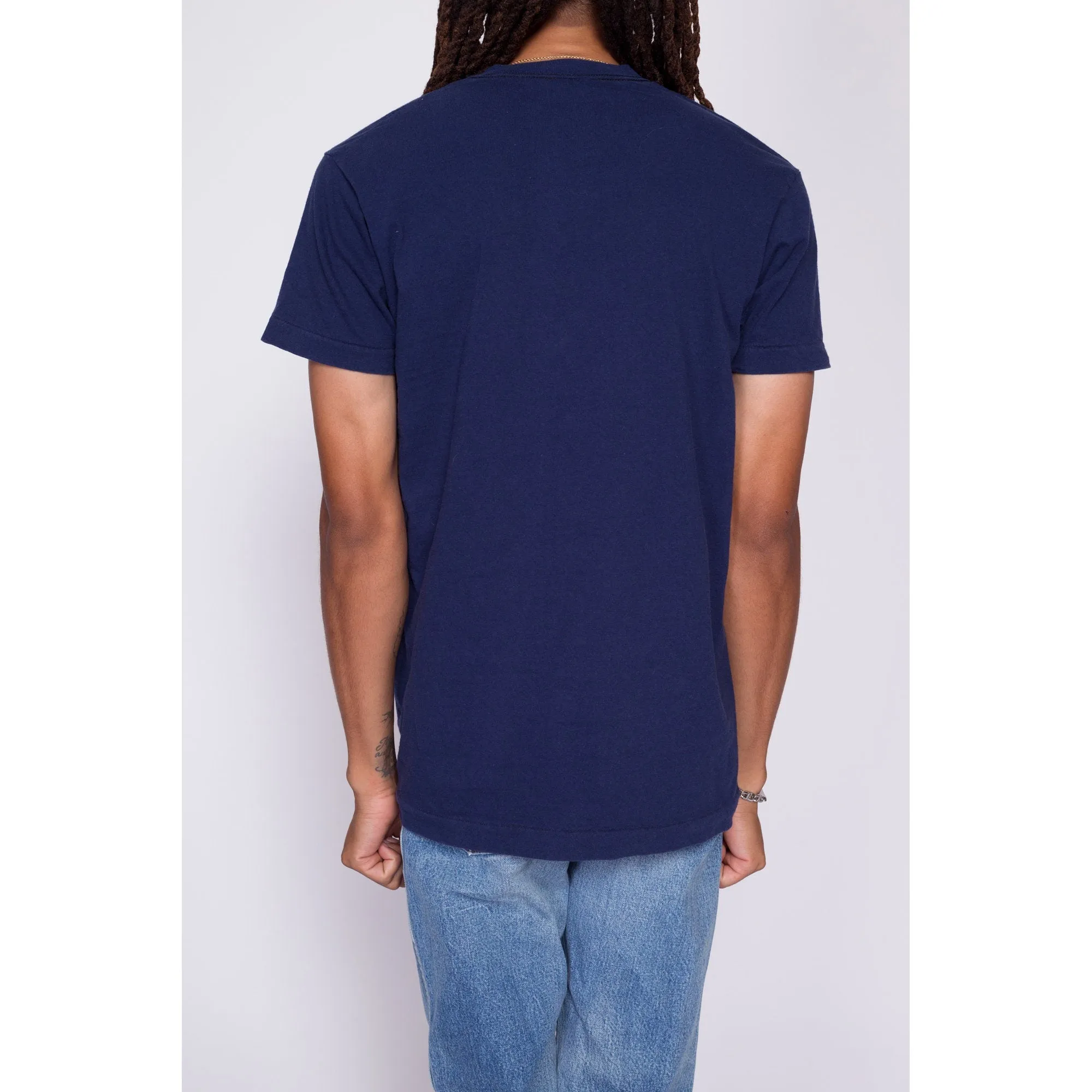 80s Plain Navy Blue Pocket Tee - Men's Medium