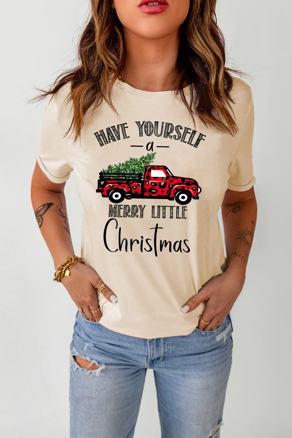 Beige Christmas Leopard Print Graphic Top