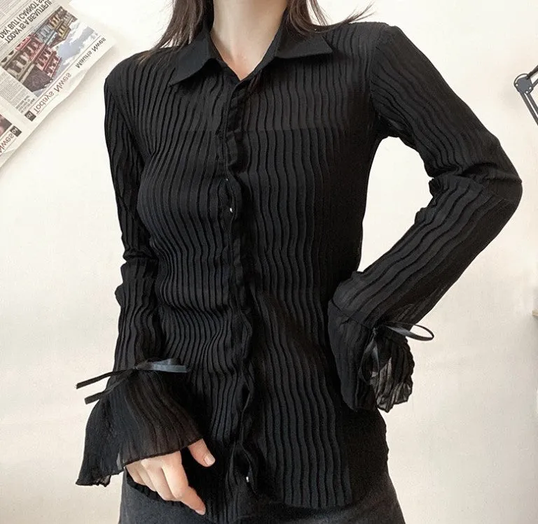 Hulianfu Autumn Women Sexy T Shirts Vintage Fashion V Neck Button Y2k See Through White Casual Long Sleeve Top Ladies
