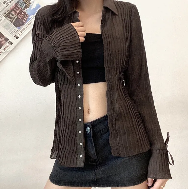 Hulianfu Autumn Women Sexy T Shirts Vintage Fashion V Neck Button Y2k See Through White Casual Long Sleeve Top Ladies