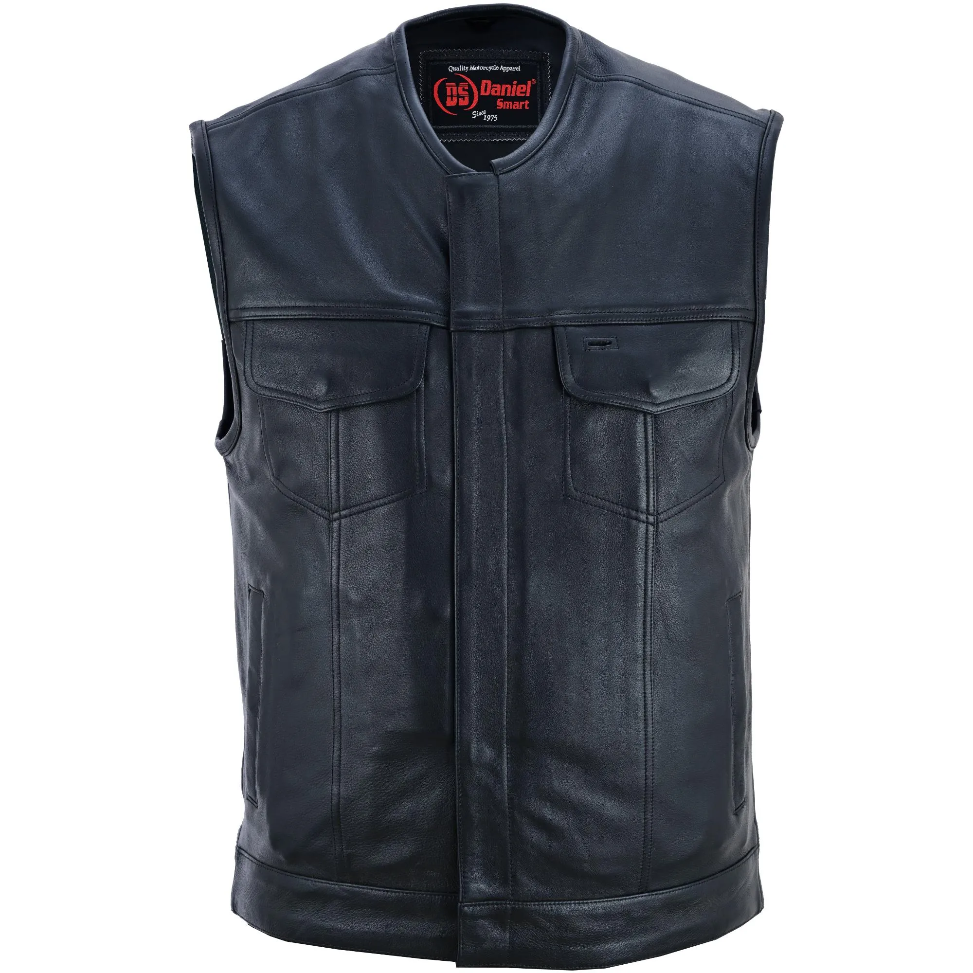 Men's Titan Black Leather Vest -  Milled Cowhide, Hidden Zipper
