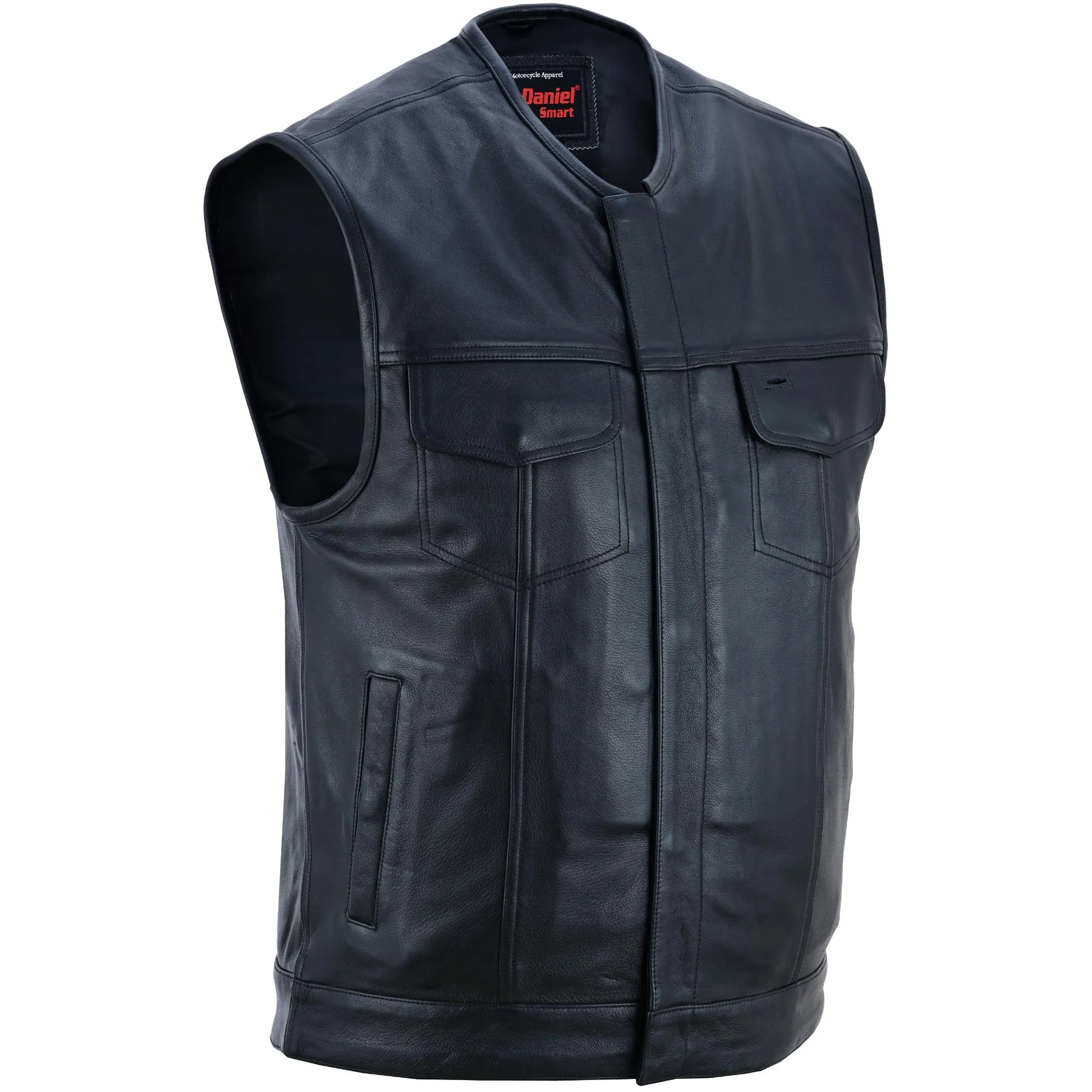 Men's Titan Black Leather Vest -  Milled Cowhide, Hidden Zipper
