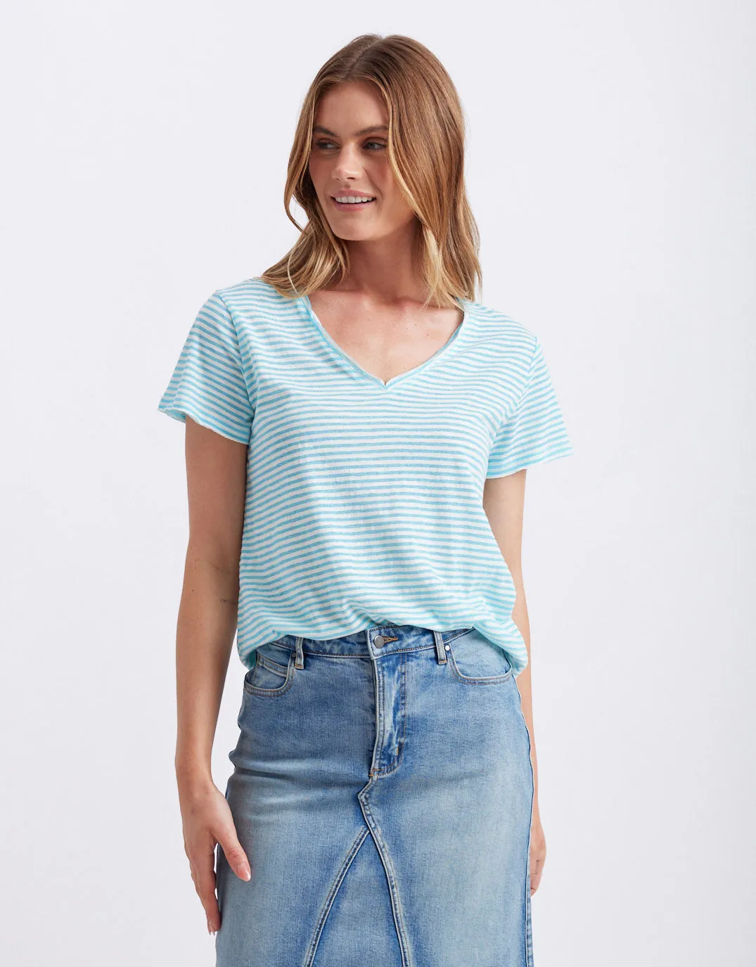 Sorbet Stripe Vee Neck Tee - Azure Blue