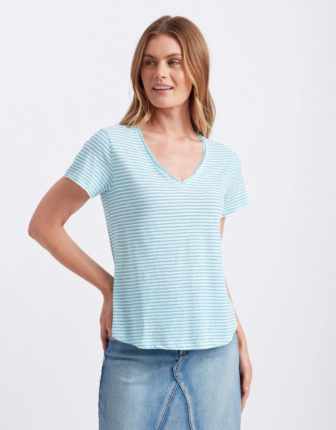 Sorbet Stripe Vee Neck Tee - Azure Blue