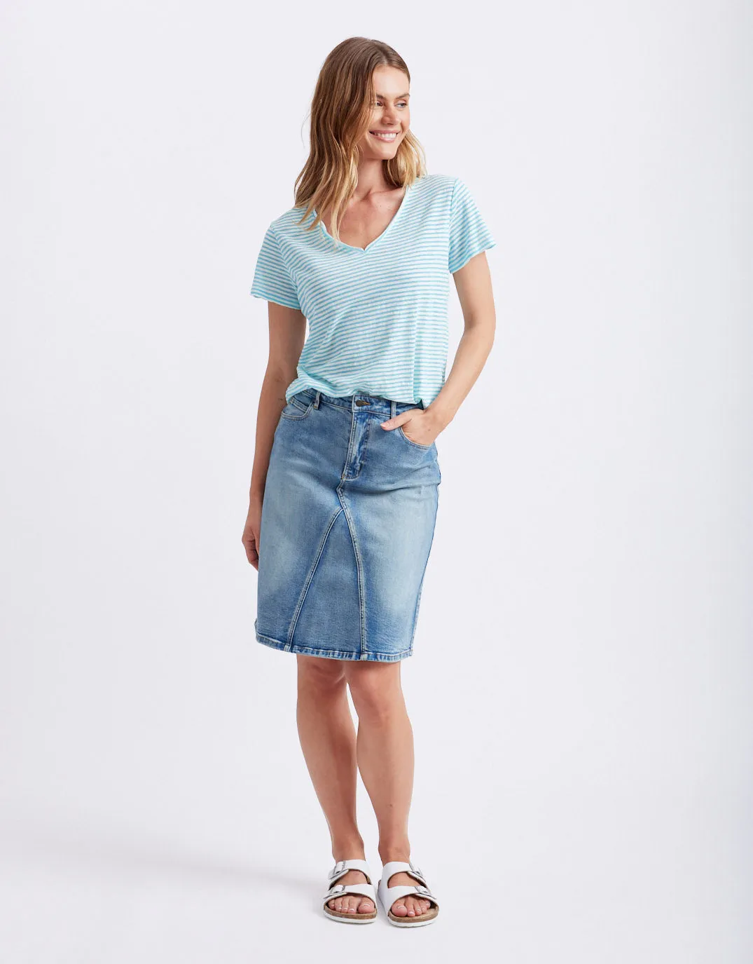 Sorbet Stripe Vee Neck Tee - Azure Blue