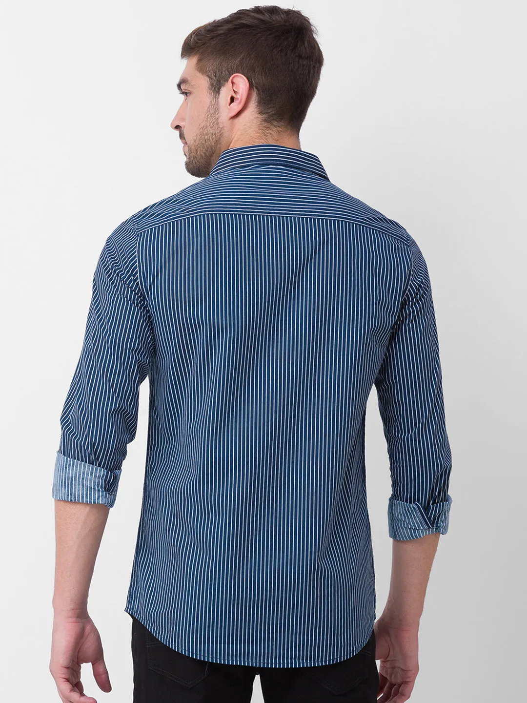 Spykar Navy Blue Cotton Full Sleeve Stripes Shirt For Men